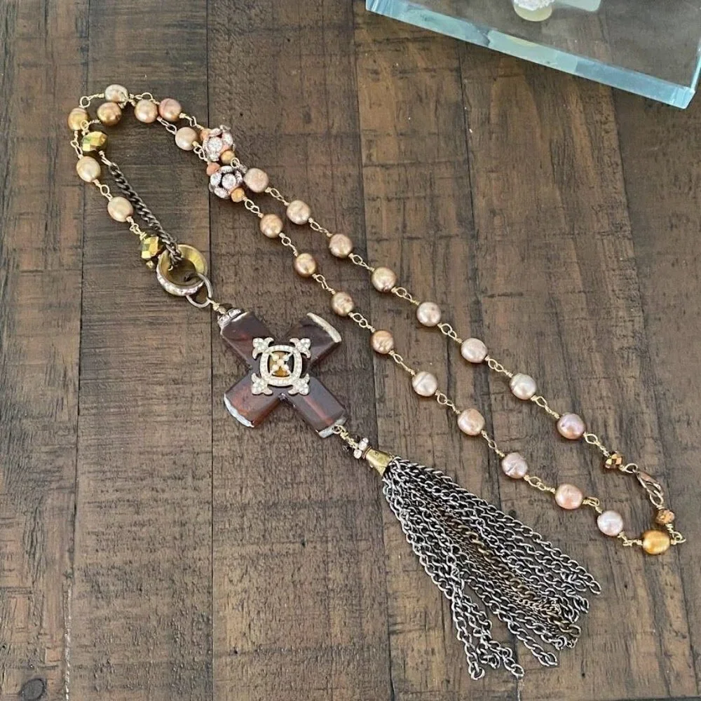 Vintage Amber Cross Necklace Freshwater Pearl Tassel Pendant